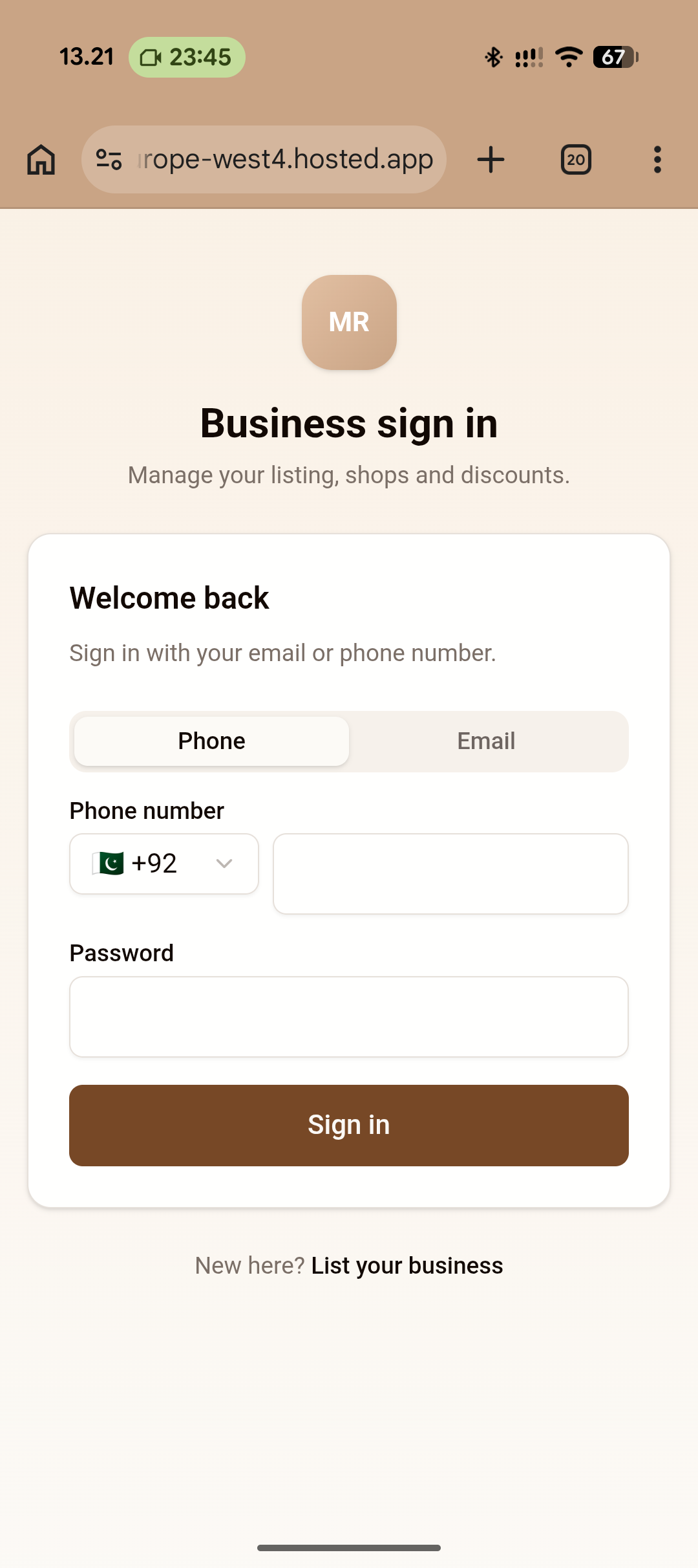 Signing in or listing your business in the app